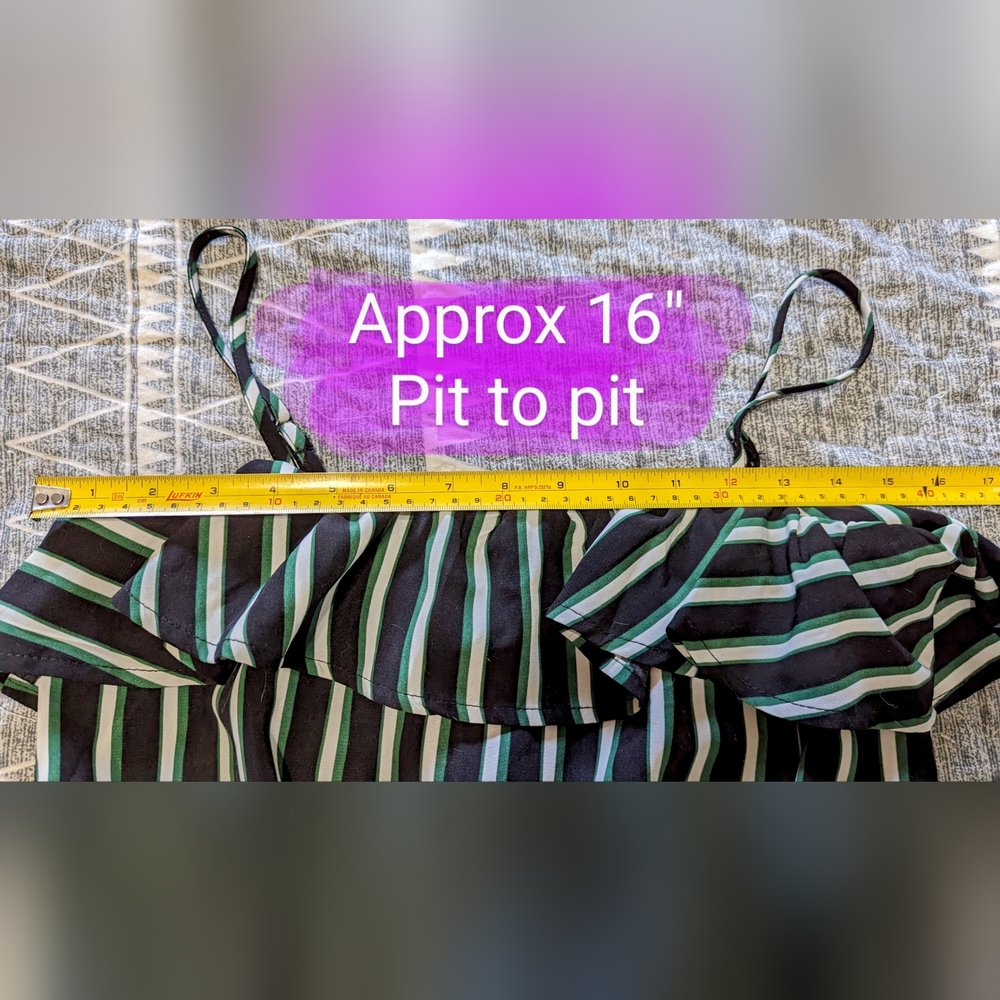 Bluenotes Romper, size med, EUC, black, green, white & green stripe pattern - Picture 9 of 13